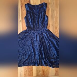 Meet Jen Womens Small Elegant Navy Blue Lace High Low Dress Lining Short Sleeve